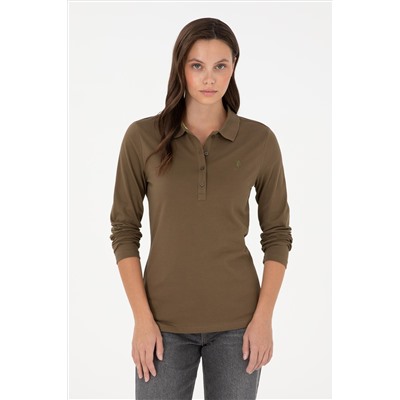 Kadın Haki Basic Polo Yaka Sweatshirt
