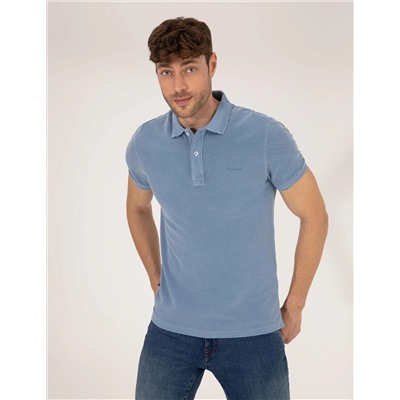 Koyu Mavi Slim Fit Eskitme Polo Yaka Tişört