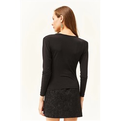 Olalook Kadın Siyah Vatkalı Pileli Degaje Yaka Bluz BLZ-19002419