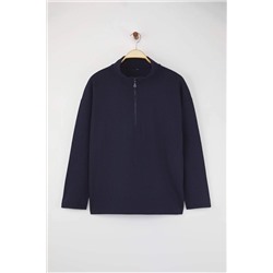 Lacivert Selanik/Triko Görünümlü Fermuarlı Yaka Regular/Normal Kalıp Örme Sweatshirt TBBAW23AO00006