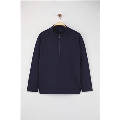 Lacivert Selanik/Triko Görünümlü Fermuarlı Yaka Regular/Normal Kalıp Örme Sweatshirt TBBAW23AO00006
