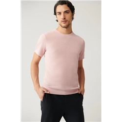 Avva, Erkek Açık Pembe Bisiklet Yaka Dokulu Pamuklu Triko T-shirt E005027