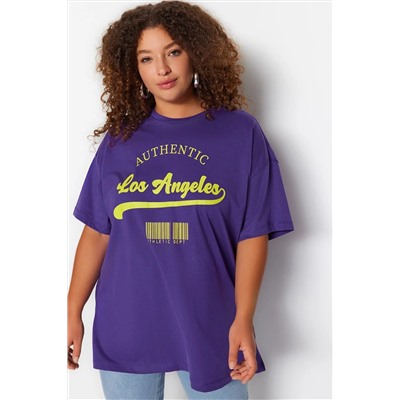 Mor Geniş Kalıp Bisiklet Yaka Baskılı %100 Pamuk Örme T-shirt TBBSS23AH00131