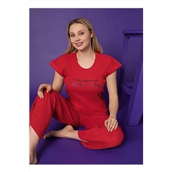 Zigzag İç Giyim Kadın Pijama Takımı Kısa Kollu Fitilli Kırmızı Pijama Takım ERC-FTL