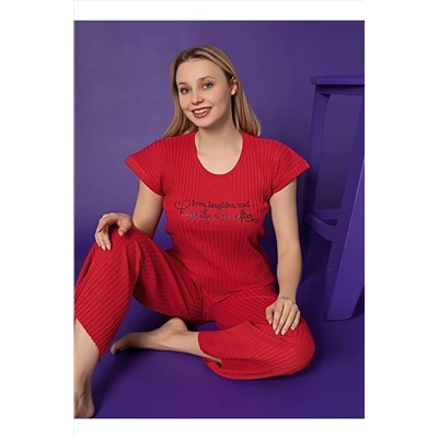 Zigzag İç Giyim Kadın Pijama Takımı Kısa Kollu Fitilli Kırmızı Pijama Takım ERC-FTL