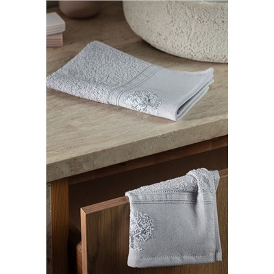 Orva Nakışlı %100 Pamuk 2'li El Havlusu - Gri - 30x45 cm