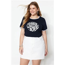 Lacivert Slogan Baskılı Crop Boy %100 Pamuk Örme Büyük Beden T-shirt TBBSS23BF00011