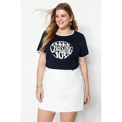 Lacivert Slogan Baskılı Crop Boy %100 Pamuk Örme Büyük Beden T-shirt TBBSS23BF00011