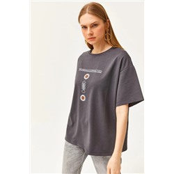 Olalook Kadın Sembol Füme Ön Arka Baskılı 2 iplik Unisex Oversize Tişört TSH-19000696