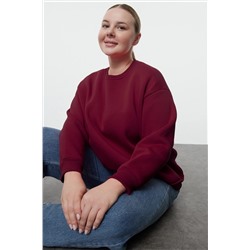 Bordo Oversize/Rahat Kesim Basic Bisiklet Yaka Kalın/İçi polarlı Örme Sweatshirt TBBAW25AO00008