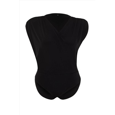 Siyah Vatkalı Kruvaze Yaka Esnek Çıtçıtlı Örme Bluz TBBSS24AF00064