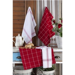 LADYNİL 4'lü Mutfak Havlusu Seti & Alman Peçetesi 50x70 Cm % 100 Pamuk Ve Yıkanmış Büyük Kareli Kırmızı 4LÜSET