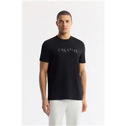 Avva, Erkek Siyah Bisiklet Yaka Baskılı Bi Stretch Interlok T-shirt A51y1131