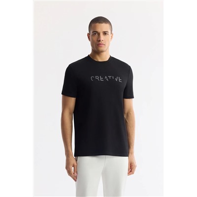 Avva, Erkek Siyah Bisiklet Yaka Baskılı Bi Stretch Interlok T-shirt A51y1131