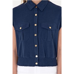 Kadın Lacivert Modal Karışımlı Kısa Kollu Polo Yaka Sweatshırt