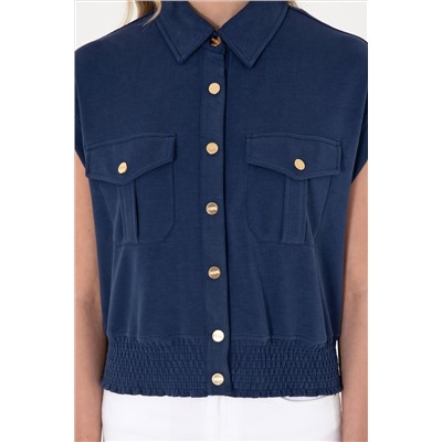 Kadın Lacivert Modal Karışımlı Kısa Kollu Polo Yaka Sweatshırt
