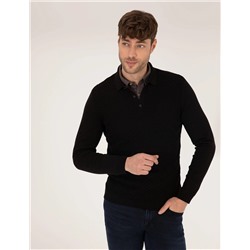 Siyah Slim Fit Polo Yaka Triko Kazak