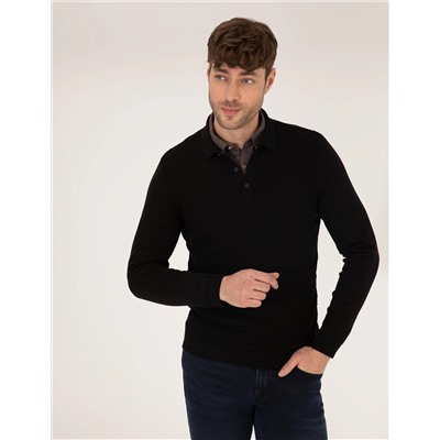 Siyah Slim Fit Polo Yaka Triko Kazak