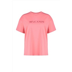 Pembe Geniş Kalıp Baskılı Bisiklet Yaka %100 Pamuk Örme T-shirt TBBSS23BF00015