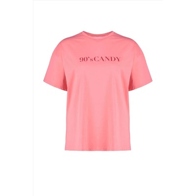 Pembe Geniş Kalıp Baskılı Bisiklet Yaka %100 Pamuk Örme T-shirt TBBSS23BF00015