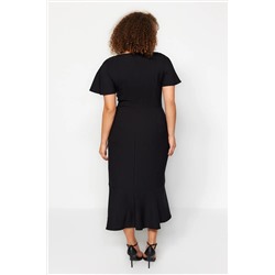 Siyah Fitted/Vücuda Oturan Dokuma Kolları Volanlı Astarlı Midi Elbise TBBSS22EL1626