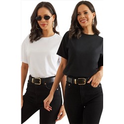 Olalook, Kadın Siyah Beyaz 2 li Pamuk Regular Fit Tişört TSH-19000830