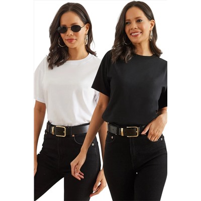 Olalook, Kadın Siyah Beyaz 2 li Pamuk Regular Fit Tişört TSH-19000830