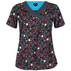 UA Butter-Soft STRETCH Country Wild Flower Black Scrub Top