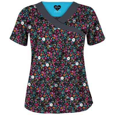 UA Butter-Soft STRETCH Country Wild Flower Black Scrub Top