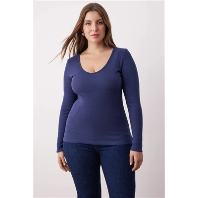 Lacivert-Taş 2'li Paket V Yaka Fitted/Vücuda Oturan Pamuklu Esnek Örme Bluz TBBAW26AF00018