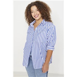 Trendyol Curve Mavi Çizgili Oversize Dokuma Gömlek TBBAW23AX00022