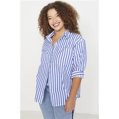 Trendyol Curve Mavi Çizgili Oversize Dokuma Gömlek TBBAW23AX00022