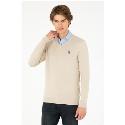 Erkek Slim Fit V Yaka Taş Melanj Basic Kazak