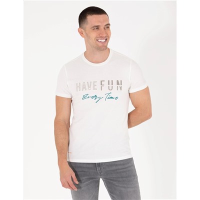 Ekru Slim Fit Baskılı Bisiklet Yaka Tişört