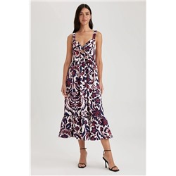 Defacto Babydoll Kalp Yaka Floral Poplin Kolsuz Midi %100 Pamuk Elbise A7179AX23SM