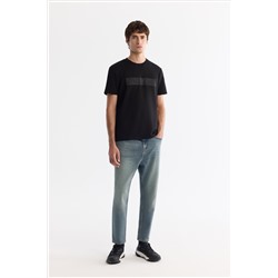 Siyah Bisiklet Yaka Baskılı Elastan T-Shirt