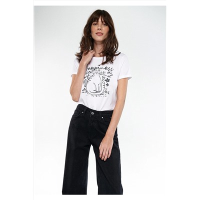Mavi Kedi Baskılı Beyaz Tişört Slim Fit / Dar Kesim 1611196-620
