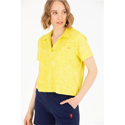 Kadın Neon Sarı Crop Polo Yaka Tişört