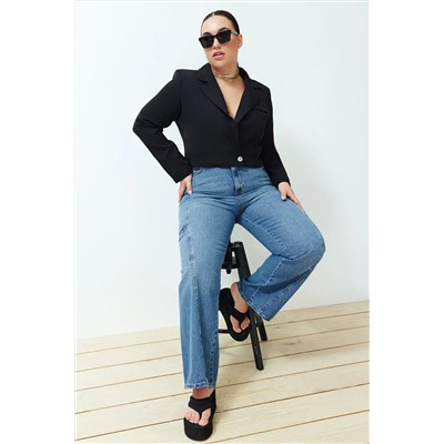 Siyah Crop Astarlı Büyük Beden Blazer Dokuma Ceket TBBSS24AG00003