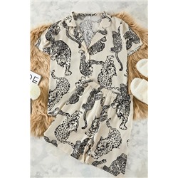 Trendyol Curve Krem Kaplan Desenli Gömlek Yaka Dokuma Pijama Takımı TBBSS24AI00072