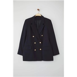 Lacivert Astarlı Kruvaze Kapama Dokuma Blazer Ceket TBBAW26AG00011