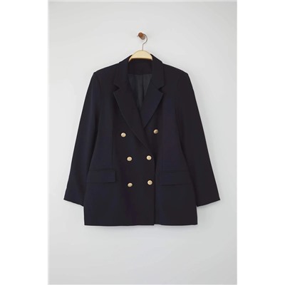 Lacivert Astarlı Kruvaze Kapama Dokuma Blazer Ceket TBBAW26AG00011