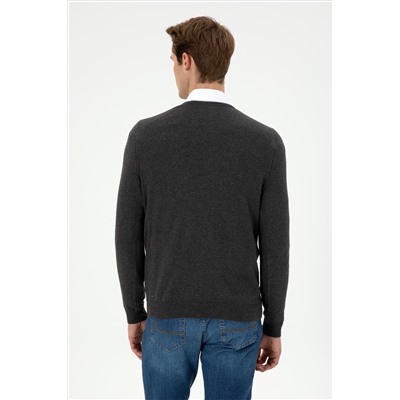 Erkek Slim Fit V Yaka Antrasit Basic Kazak