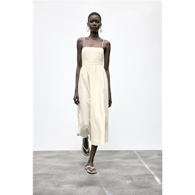 BEADED STRAPPY LINEN BLEND MIDI DRESS