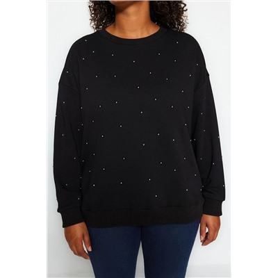 Siyah Kalın Taşlı Detaylı Örme Büyük Beden Sweatshirt TBBAW24SW00000