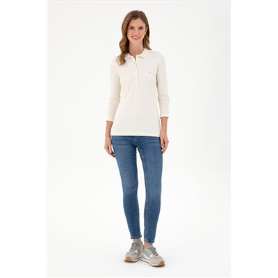 Kadın Krem Basic Polo Yaka Sweatshirt