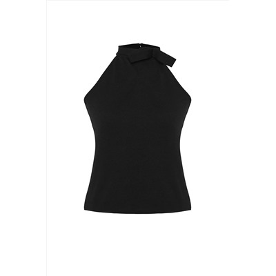 Siyah Halter Yaka Bağlama Detaylı Örme Büyük Beden Bluz TBBSS25AF00007