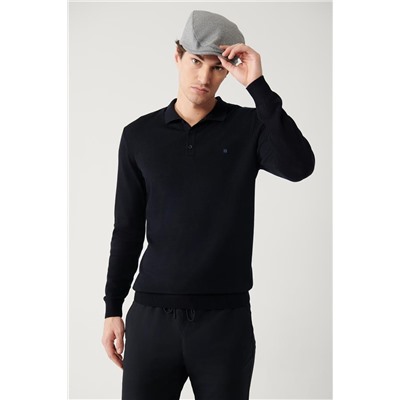 Lacivert 3 Düğmeli Polo Yaka Regular Fit Standart Kesim Triko Kazak
