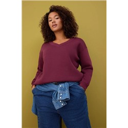 Bordo V Yaka İçi Polarlı Büyük Beden Sweatshirt TBBAW26AO00012