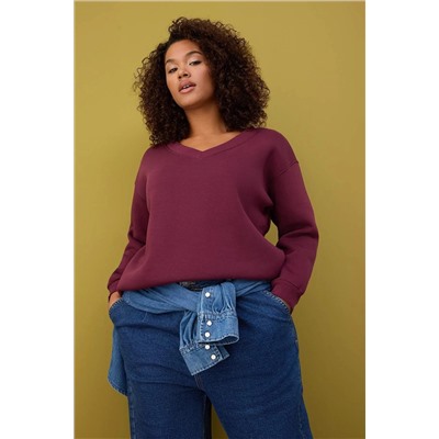 Bordo V Yaka İçi Polarlı Büyük Beden Sweatshirt TBBAW26AO00012